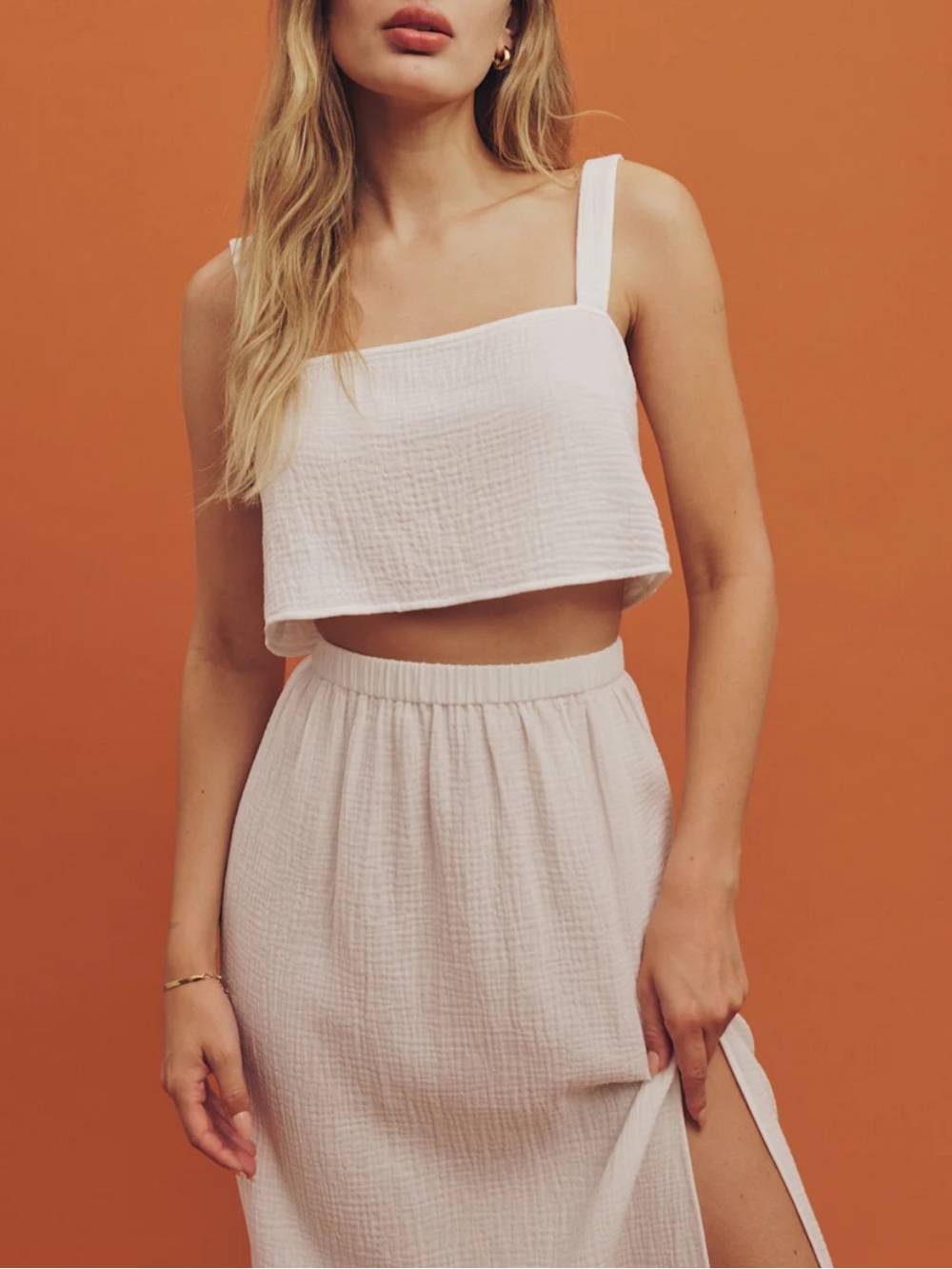 Reformation Dawn Cream Two-Piece Maxi Skirt Set with Side Slit - Picture 2 of 5